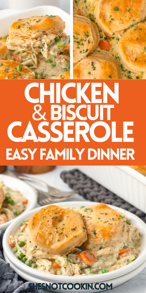 Chicken casserole recipe on a white plate. Easy Chicken Biscuit Recipes, Chicken Pot Biscuit Recipe, Loaded Chicken And Biscuit Casserole, Skillet Chicken And Biscuits, Chicken On A Biscuit Recipe, Shredded Chicken Biscuit Recipes, Baked Chicken And Biscuits, Homemade Chicken And Biscuits, Chicken And Biscuits Casserole Recipes