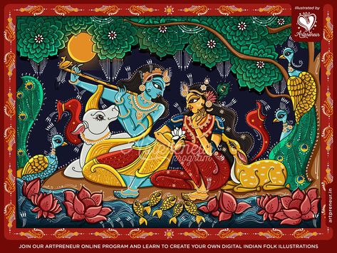 Radha Krishna Pattachitra, Krishna Pattachitra Paintings, Radha Krishna Pattachitra Painting, Madhubani Painting Krishna Radha, Radha Krishna Madhubani Art, Krishna Folk Art, Madhubani Art Design Indian Paintings, Pattachitra Paintings Odisha, Madhubani Art Krishna