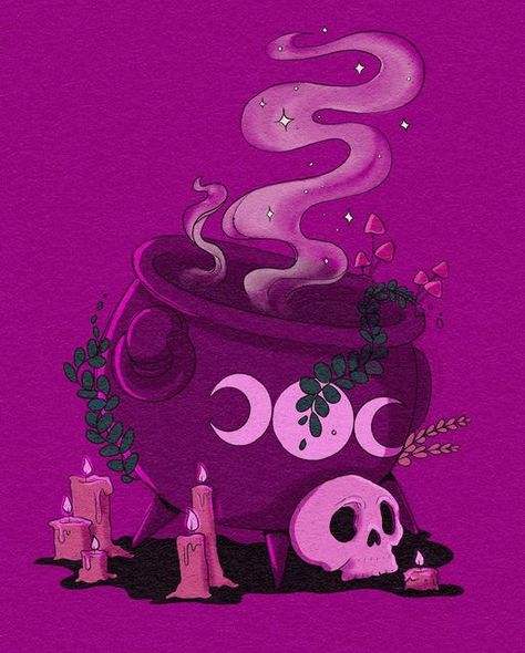 Pink Witchy Aesthetic, Cauldron Painting, Cauldron Aesthetic, Astral Jewelry, Cute Cauldron, Halloween Mushrooms, Pastel Goth Witch, Mushrooms Painting, Casta Fierce