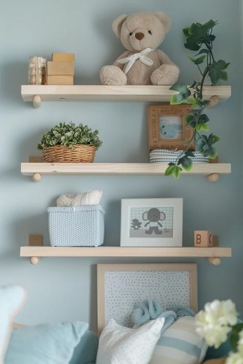 Creative Nursery Shelving Ideas for Your Baby's Room Floating Nursery Shelves, Bookcase Nursery Ideas, Nursery Wall Shelf Ideas, Nursery Shelves Over Changing Table, Baby Nursery Shelves, Nursery Shelving Decor, Nursery Shelving Ideas, Nursery Wall Shelves, Nursery Shelving