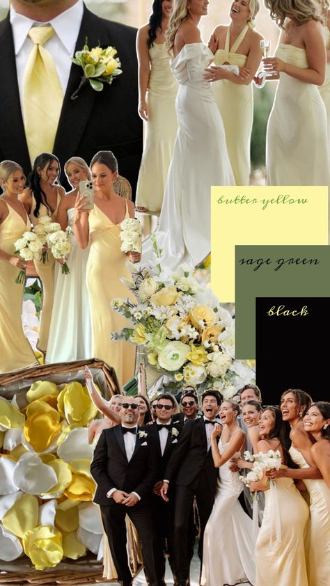 yellow green and black wedding color scheme. pale yellow, sage green, and black Grey And Yellow Wedding Theme, Yellow Color Wedding Theme, Yellow And Greenery Wedding, Green Yellow Wedding Colors, Black White Yellow Wedding, Pale Yellow And Sage Green Wedding Theme, Orange Yellow And Green Wedding, Yellow And Tan Wedding, Yellow And Cream Wedding