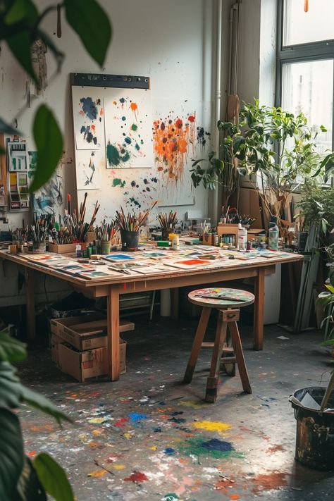 Spare Room Art Studio, Art Studio At Home Basement, Art Studio Vision Board, Art Studio Messy, Group Art Activities For Adults, Art Atelier Aesthetic, Artist Workspace Aesthetic, Artist Studio Photoshoot, Artist Studio Workspaces