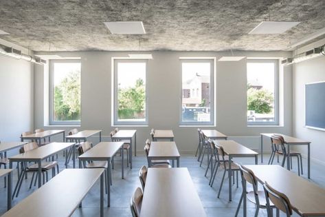 LT2A, OPEN ARCHITECTES, Severin Malaud · Marcinelle Classroom Windows, Classroom Architecture, University Interior Design, Classroom Window, Classroom Interior, Private High School, Tuition Centre, School Building Design, Acoustic Ceiling