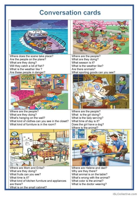 The worksheet is for young learners or students with learning difficulties, level A2-B1. They have to speak about the picture. The questions they have to answer direct the conversation and stimulate students to speak. Everyday Conversation In English, Speaking Cards For Kids, English Speaking Practice Conversation, Conversation Worksheets English, Conversation Cards For Kids, English Conversation Worksheets, Speaking Worksheet, Talking Cards, Describing Pictures