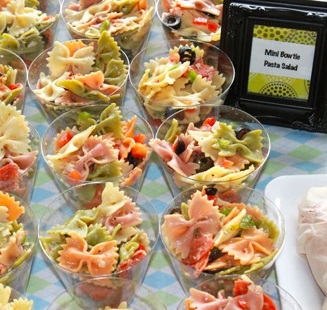 Mini bowtie pasta salad! Easy to make...perfect for the theme of Bowties or Bows!! Pasta Salad Easy, Baby Shower Appetizers, Shower Appetizers, Shower Foods, Bowtie Pasta Salad, Work Planning, Appetizer Buffet, Baby Shower Snacks, Baby Shower Menu