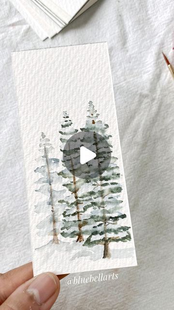 Easy Robin Painting, Easy Watercolor Pine Trees, Pine Trees Watercolor Painting, Watercolor Art Pine Trees, How To Watercolor Pine Trees, How To Paint Pine Trees In Watercolor, Pine Tree Painting Tutorials, Watercolor Pinecones Tutorial, Christmas Watercolor Nativity