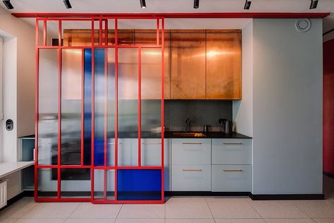 Zoliborz Apartment: Bauhaus-Inspired Family Living Space Bauhaus Kitchen, Bauhaus Interior Design, Bauhaus Interior, Bold Bathroom, Bauhaus Architecture, Movable Walls, Family Apartment, Bauhaus Style, Bauhaus Design