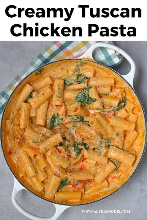 Restaurant-quality creamy Tuscan chicken pasta in under 30 minutes - a rich pasta dish made with seasoned chicken in a garlicky tomato, spinach, & parmesan cream sauce. Cream Chicken Pasta, Tomato Cream Sauce Pasta, Creamy Tuscan Chicken Pasta, Italian Chicken Pasta Recipes, Red Sauce Pasta Recipe, Spicy Chicken Pasta, Blended Coffee Recipes, Breakfast Lunch Ideas, Spinach Pasta Recipes