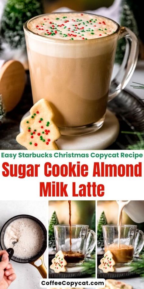 Sugar Cookie Almond Milk Latte (Starbucks Copycat) - coffeecopycat.com Sugar Cookie Almond Milk Latte Starbucks, Iced Sugar Cookie Almond Milk Latte, Keurig Latte Recipes, Sugar Cookie Almond Milk Latte, Almond Milk Coffee Recipes, Starbucks Sugar Cookie, Coconut Milk Latte, Diy Almond Milk, Diy Sugar Cookies