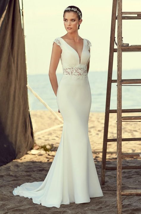 V-neck Cap Sleeve Lace And Crepe Fit And Flare Wedding Dress | Kleinfeld Bridal Simple Timeless Wedding, Renewal Dress, Vow Renewal Dress, Mikaella Bridal, Wedding Dresses Kleinfeld, How To Dress For A Wedding, Western Wedding Dresses, Crepe Wedding Dress, Timeless Wedding Dress