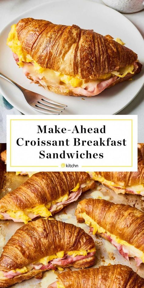 make-ahead croissant breakfast Croissant Breakfast Sandwiches, Resep Makanan Beku, Croissant Breakfast Sandwich, Menu Sarapan Sehat, Best Sandwich Recipes, Breakfast Sandwich Recipes, Croissant Breakfast, Finger Sandwiches, Breakfast Sandwiches