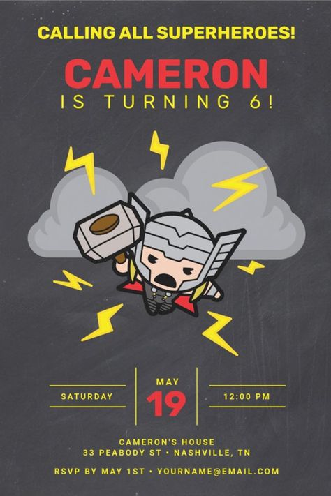 Avengers | Thor Chalkboard Birthday Invitation
Invite all your family and friends to your child's Avengers themed Birthday with these awesome Thor invites. Personalize by adding all your party details! Thor Birthday, Marvel Birthday, Superhero Birthday Invitations, Chalkboard Birthday, Thor 2, Avengers Thor, All Superheroes, Avengers Birthday, Birthday Chalkboard