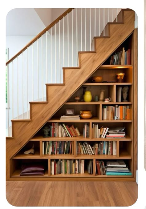 Built In Cabinet Under Stairs, Built Ins On Stair Wall, Under Staircase Bookshelves, Bookshelf In Stairs, Built In Bookcase Under Stairs, Build Under Stair Storage, Stairs With Bookshelves, Understairs Bookshelf Ideas, Bookcase In Stairs