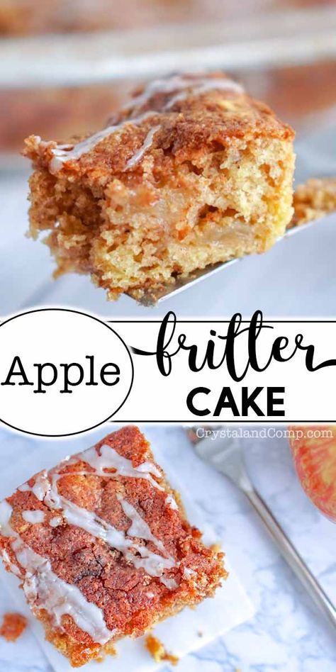 Easy Apple Fritter Cake Recipe | CrystalandComp.com Apple Fritters Cake Recipe, Apple Fritter Cake, Apple Pie Cake, Apple Cinnamon Cake, Caramelized Apples, Sweet Glaze, Apple Fritter, Cinnamon Cake, Family Favorite Recipes