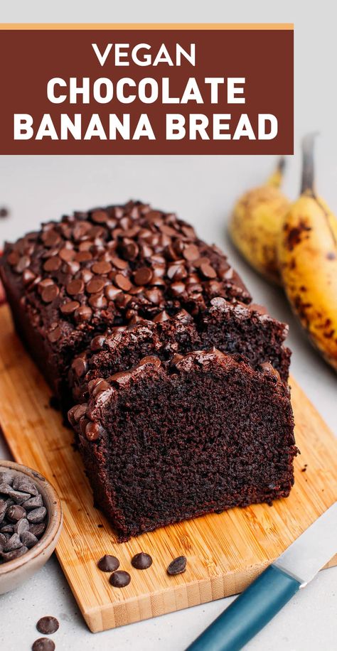 Vegan Chocolate Banana Bread - Full of Plants Vegan Banana Loaf, Vegan Loaf Bread, Vegan Chia Banana Bread, Vegan Banana Bread With Applesauce, Chocolate Banana Bread Vegan, Vegan Breakfast Bread, Vegan Chocolate Chip Banana Bread, Banana Bread Vegan Recipe, Vegan Chocolate Banana Bread