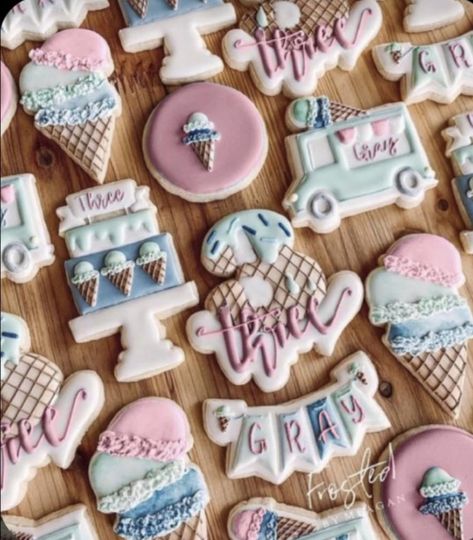 3 Scoops Of Fun Birthday Cookies, Three Scoops Of Fun Cookies, Ice Cream Birthday Cookies Decorated, Ice Cream Royal Icing Cookies, Ice Cream Sugar Cookies Decorated, Ice Cream Birthday Cookies, Ice Cream Theme Cookies, Candy Decorated Cookies, Two Sweet Cookies