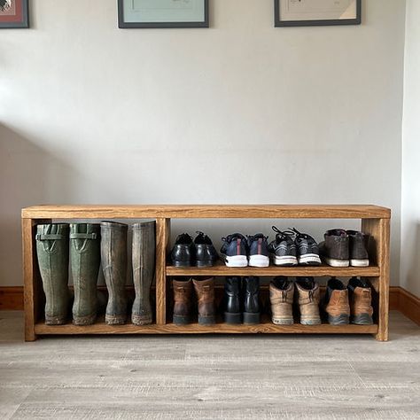 Wooden Bench Shoe Rack, Garage Boot Bench, Mudroom Shoe Rack Ideas, Mud Boot Storage, Shoe Boot Storage Ideas, Low Shoe Rack, Shoe Storage In Porch, Porch Boot Storage, Cottage Shoe Storage