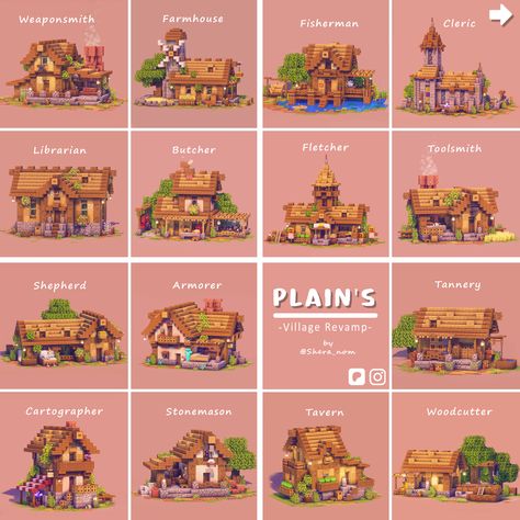 Hi! Here is my complete Plains Village Revamp House Pack of all the villager profession houses and normal hoouses! The pack contains 21 custom buildings + decorations! Get all the schematics and a beutiofull custom map on my Patreon Page <3 Minecraft Village Ideas Layout Design, Minecraft Village Names, Village Houses Minecraft Ideas, Remodeled Minecraft Village, Villager Proffesions Minecraft, Minecraft Survival House Layout, Village Homes Minecraft, Village Buildings Minecraft, Villagers Houses Minecraft