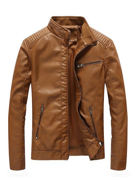 Ericdress Plain Zip Stand Collar Slim Men's Jacket Plus Size Leather Jacket, Plus Size Leather, Fake Leather Jacket, Slim Fit Coat, Pu Jacket, Pu Leather Jacket, Slim Fit Jackets, Motorcycle Outfit, Biker Leather