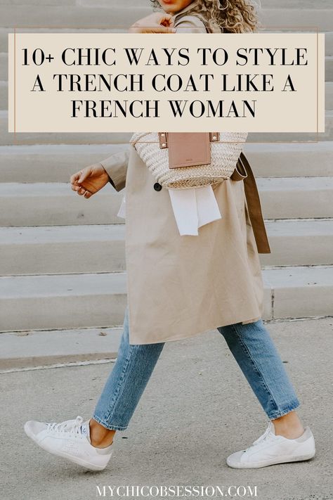 Are any things as iconic as a French girl in a trench coat? I think not. It’s a staple item that makes up Parisian style, and donning one is one of the easiest ways to look chic. Read on for tips on how you can master wearing a trench coat like a French girl! #trenchcoatoutfit #parisianstyle #parisianchic #parisianfashion #frenchfashion Women Wearing Trench Coat, Trench Coat Parisian Style, How To Dress Up A Trench Coat, Cute Outfits With Trench Coats, Trench Coat Outfit French, Jcrew Trench Coat Outfit, Wearing A Trench Coat, What To Wear With Trench Coat, How To Wear A Trench Coat Spring