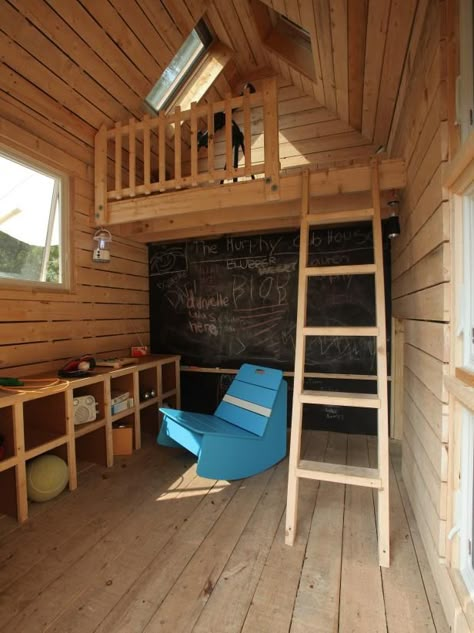 Outdoor Playhouse Interior, Playhouse With Loft, Playhouse Interior Ideas, Kids Shed, Built In Cubby, Playhouse Loft, Boys Playhouse, Playhouse Furniture, Playhouse Interior