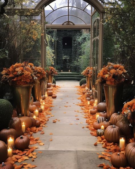 A wow wedding aisle inspiration with fall colors and leaves and pumpkins for a magical, seasonal effect🍁 AI designs created by… | Instagram Fall Wedding Halloween, Wedding Aisle Pumpkins, Autumn Theme Wedding Decorations, October Wedding Venues, Autumn Wedding Pumpkin, Enchanted Fall Wedding, Witchy Fall Wedding Ideas, Fall Wedding Locations, Fall Wedding Ideas Pumpkins