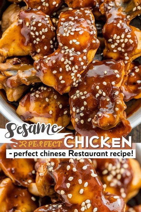 Sesame chicken coated in rich sauce with sesame seeds; text overlay reads, "Sesame chicken - perfect Chinese restaurant recipe!" Best Sesame Chicken Recipe, Asian Chicken Sauce, Baked Sesame Chicken Recipe, Seaseme Chicken, Chinese Chicken Marinade, Chinese Coconut Chicken, Comfy Meals, Dinner Ideas Asian, Dinner Recipes Asian