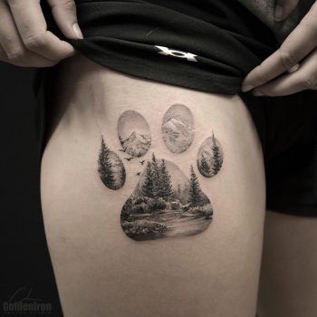 Double exposure paw and landscape tattoo Berg Tattoo, Tatoo Dog, Pawprint Tattoo, Dog Paw Tattoo, Hiking Tattoo, Paw Tattoo, Landscape Tattoo, Forest Tattoos, Bear Tattoos