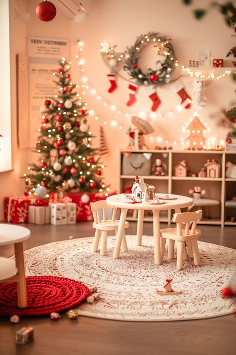 Create a magical holiday space with kid-friendly Christmas decor! From modern nursery designs to playroom trees and toddler room ideas, explore all the festive trends. Pin this for later inspiration! Christmas Playroom Ideas, Children’s Christmas Tree, Kids Room Christmas Tree, Christmas Kids Decorations, Playroom Christmas Decor, Nursery Christmas Decor, Playroom Christmas, Winter Nursery, Christmas Nursery