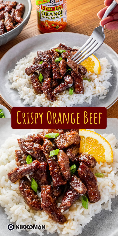 Bring the taste of your favorite takeout home with this Crispy Orange Beef recipe! Tossed in Kikkoman® Orange Sauce, this quick stir fry features Asian crispy beef made from flank steak, coated in a crunchy tapioca flour and cornstarch mixture. It’s perfect for a busy weeknight when you want a flavorful meal without spending hours in the kitchen. Serve it over rice, and garnish with fresh green onions and orange slices for a complete, restaurant-quality dish. Orange Beef Recipe, Crispy Orange Beef, Crunchy Beef, Tender Flank Steak, Air Fryer Hacks, Orange Beef, Beef Sauce, Crispy Beef, Homemade Chinese Food