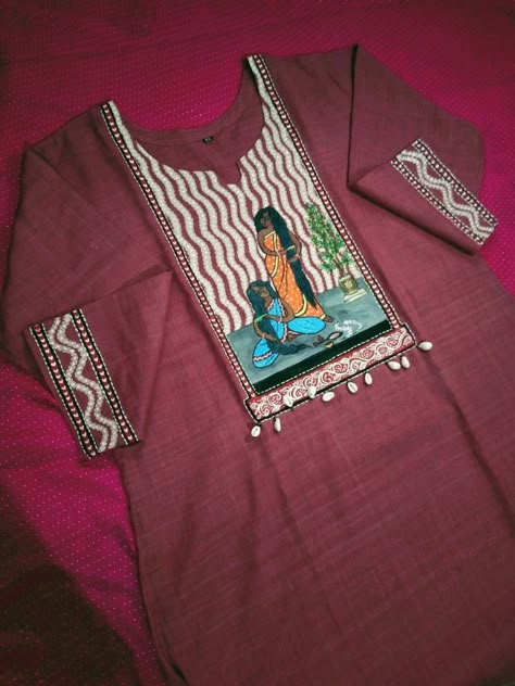 Febric Penting Design On Kurti, Kurti Painting Ideas, Kurti Painting Design, Hand Paint Kurti, Fabric Painting On Kurti, Painted Kurti, Tassels Fashion Clothing, Fabric Colour Painting, Painting Dress