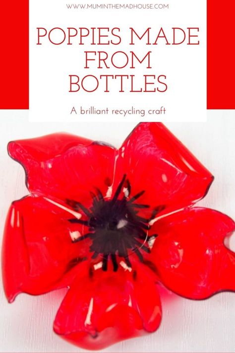 DIY Recycled Plastic Bottle Poppy Craft - Mum In The Madhouse Plastic Bottle Crafts Flowers, Poppy Craft For Kids, Diy Recycle Plastic, Plastik Recycling, Recycled Bottle Crafts, Plastic Bottle Craft, Water Bottle Flowers, Remembrance Day Art, Plastic Bottle Crafts Diy