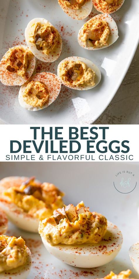 SPRING AND SUMMERTIME ARE PERFECT FOR DEVILED EGGS! THIS SIMPLE AND FLAVORFUL CLASSIC HAS A SECRET INGREDIENT THAT MAKES IT COME ALIVE…AND DON’T FORGET A LITTLE PICKLE ON TOP FOR SOME CRUNCH! Devilish Eggs, Loaded Deviled Eggs, Deviled Eggs Recipes, Easter Appetizers Easy, Simple Appetizers, Classic Deviled Eggs, Easter Food Appetizers, Recipes Easter, Eggs Recipes