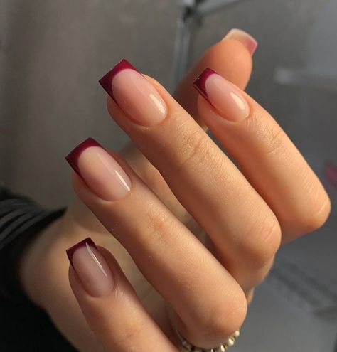 Discover 25 Stunning Burgundy Fall Nails Ideas - Designs, Colors, and Shapes for Every Style Cute Dark Red Nail Designs, Gel Mani Short Nails Fall Colors, Simple Nails Burgundy, Nail Inspo For Bridesmaid, French Color Nails Design, Short Nail Designs Dip Powder Fall, Square French Tip Acrylic Nails Color, Short Taper Square Nails, Square November Nails