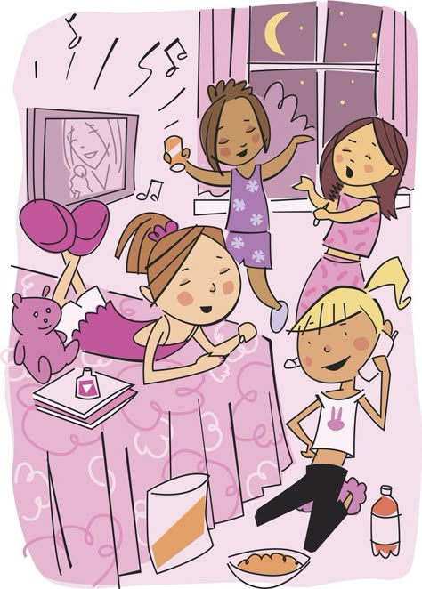 Slumber Party Illustration, Slumber Party Drawing, Girls Sleepover Party, Movie Night Birthday, Girls Slumber Party, Night Birthday Party, Pyjamas Party, Movie Night Birthday Party, Pijama Party