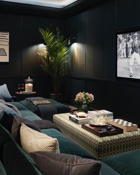 Dark And Moody Tv Room, Dark Green Theater Room, Contemporary Media Room, Dark Entertainment Room, Dark Family Room Ideas, Media Room Bar Ideas, Moody Theater Room, Moody Movie Room, Black Media Room