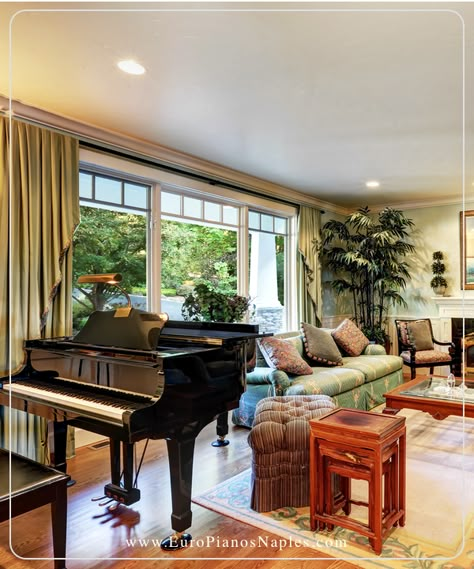 A room with a baby grand is instantly transformed into a living and music room, a place where people love to come together. American Classic Living Room, Classic Living Room Interior Design, Grand Piano Decor, Piano In Living Room, Living Room With Piano, Living Room Rich, Piano Room Ideas, Grand Piano Living Room, Grand Piano Room