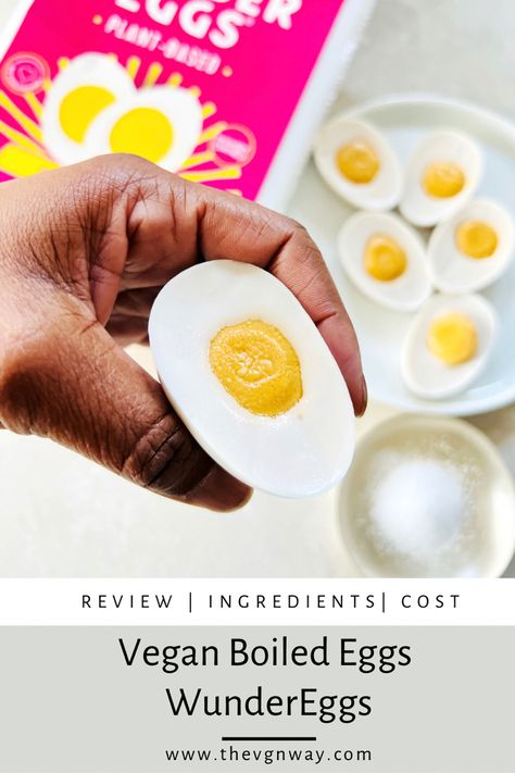 A hand holding a half of a vegan boiled egg over a table with salt and a package on it. Vegan Boiled Egg, Vegan Hard Boiled Egg, Plant Based Eggs, Vegan Frittata, Egg Alternatives, Vegan Breakfast Options, Vegan French Toast, Egg Fast, Vegan Substitutes