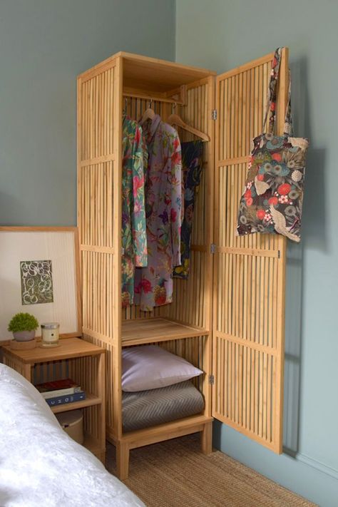 Futon Company Suratto Bamboo Wardrobe Small Space Wardrobe Ideas, Japanese Bedroom Ideas Small Spaces, Japanese Futon Bedroom, Bamboo Wardrobe, Bedroom Japandi, Bamboo Bedroom, Japanese Inspired Bedroom, Small Closet Storage, Creating A Capsule Wardrobe