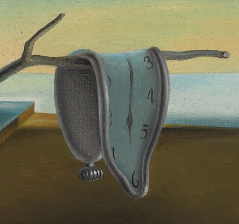 Melting clock in Salvador Dali's painting, "The Persistence of Memory" Salvador Dali Persistence Of Memory, Salvador Dali Melting Clocks, Dali Clock Drawing, Dali Surrealism Art, Melting Clock Aesthetic, Melting Clock Art, Melting Clock Painting, Melting Clock Drawing, Clock Art Painting