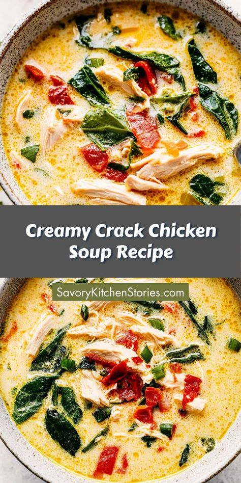 Looking for a new favorite soup? Try our Creamy Crack Chicken Soup Recipe! This creamy, flavorful dish features juicy chicken, aromatic herbs, and a rich texture that will keep you coming back for more. Ideal for dinner parties or a cozy night in, it’s comfort food at its best! Dried Chives, Chicken Melts, Dried Dill, Homemade Chicken Soup, Bacon Chicken, Chicken Soup Recipe, Cheese Spinach, Creamy Chicken Soup, Spinach Soup