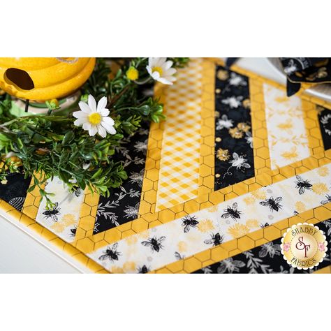 Greased Lightning Table Runner Kit - Honey Bee | Shabby Fabrics Greased Lightning Table Runner, Sunflower Table Topper Pattern, Bee Table Runner Free Pattern, Bee Table Runner, Bee Quilts, Greased Lightning, Fall Runner, Yellow Rugs, Holiday Placemats