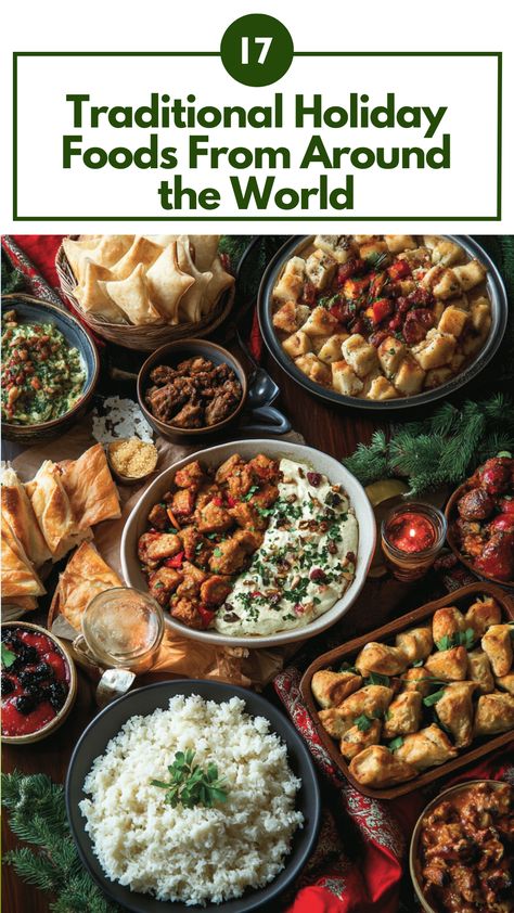 A table filled with traditional holiday dishes from around the world, featuring a variety of savory and sweet foods representing global culinary traditions. Traditional Nye Food, International Dinner Party Ideas, Christmas Foods From Around The World, Around The World Appetizers, Christmas Dinners Around The World, Christmas Recipes From Around The World, Christmas Dishes From Around The World, Old Fashioned Christmas Dinner, Christmas Dinner Around The World