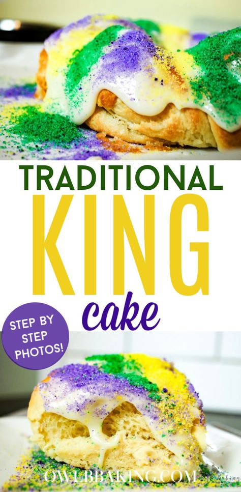 Traditional King Cake Traditional King Cake, Mardi Gras Desserts, King Cake Recipe Easy, King Cake Recipe, King Cakes, Sanding Sugar, Mardi Gras King Cake, Mardi Gras Food, Gold Sprinkles