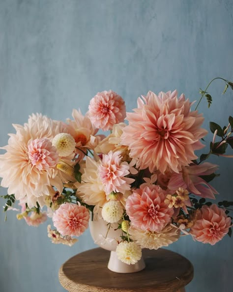 All Dahlia Bouquet, Peach Dahlia Bouquet, Dahlia Bouquet Wedding, Peach Wedding Florals, Dahlia Flower Bouquet, Dahlia Wedding Flowers, Dahlias Bouquet, Dahlia Arrangements, Dahlia Bridal Bouquet