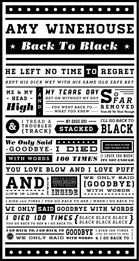 A typographic lyric poster consisting of the lyrics to Amy Winehouse's song "Back to Black". Amy Winehouse Lyrics, Amy Winehouse Songs, Amy Winehouse Quotes, Losing Game, Poster Typography, Lyric Poster, Amy Winehouse, Music To My Ears, Song Quotes