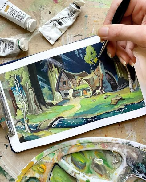 Acrylic Illustration Art, Disney Gouache, Himi Gouache Art, Gouache Art Inspiration, Cottage Drawing, Gouache Painting Ideas, Himi Gouache, Gouache Ideas, Disney Painting