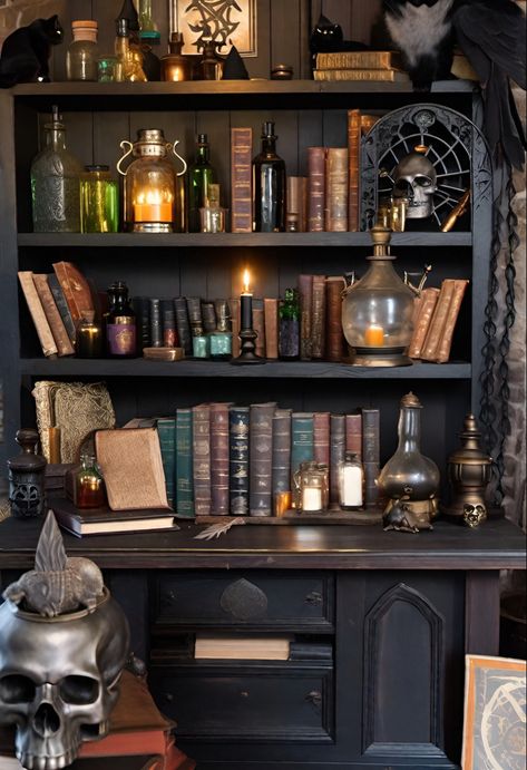 Dark Academia Bookcase Aesthetic, Goth Bookshelf Aesthetic, Dark Academia Bookshelf Decor, Black Book Shelf Aesthetic, Spooky Library Aesthetic, Gothic Bookshelf Decor, Dark Academia Bookcase, Wizard Bookshelf, Witch Workspace