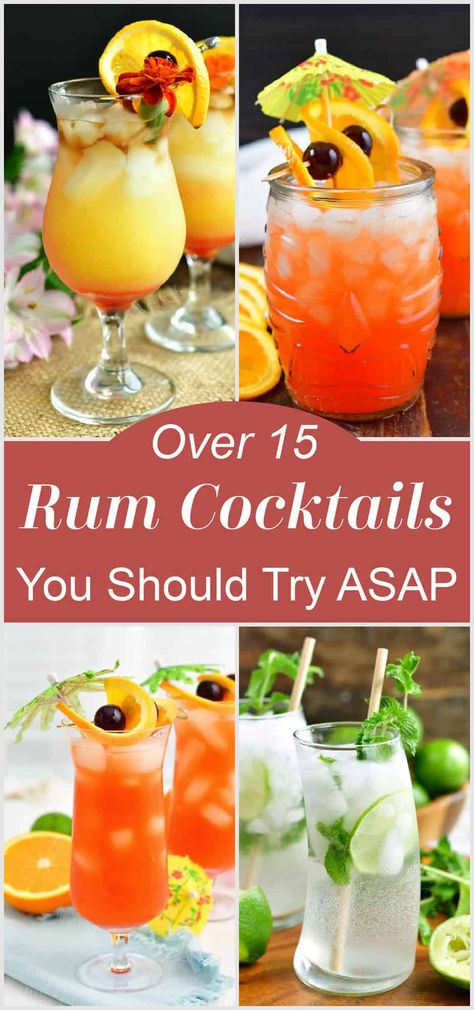 Collage of rum cocktails Summer Time Drinks Alcohol, Rum Brunch Cocktail, Rum Sunset Cocktail, Rum Pitcher Cocktails, Tropical Drinks Recipes Alcohol Easy, Funny Mixed Drinks, Vodka Rum Drinks, Specialty Alcoholic Drinks, Alcohol Breakfast Drinks