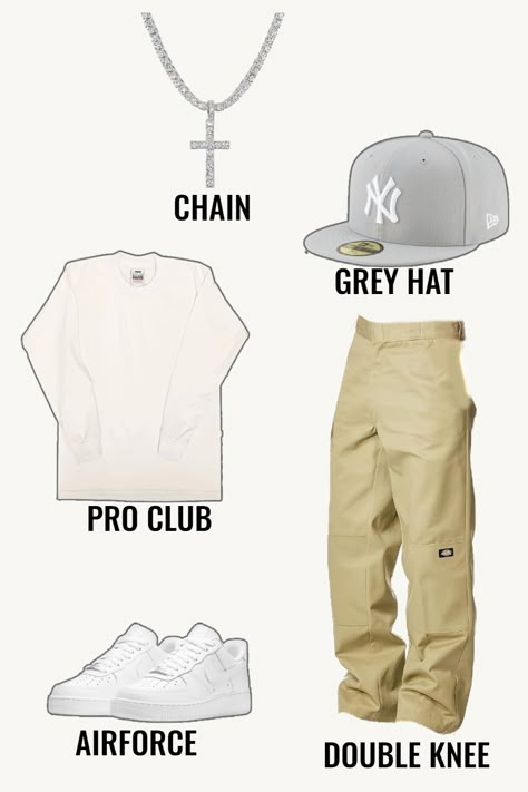 Explore this urban men's outfit idea featuring a bold cross chain, comfortable baggy khaki pants, and a classic plain Pro Club tee shirt. Paired with crisp white sneakers and topped off with a stylish grey hat, this ensemble balances casual comfort with streetwear sophistication, making it perfect for everyday wear or a casual outing Tupac Outfit Ideas, Black And White Hat Outfit, Grey Jordans Outfit Men, Cool Fits For Guys, Back To School Outfits Boys High School, White Boy Streetwear, Proclub Outfits Men, Slim Fit Outfits For Men, Shein Outfits For Men